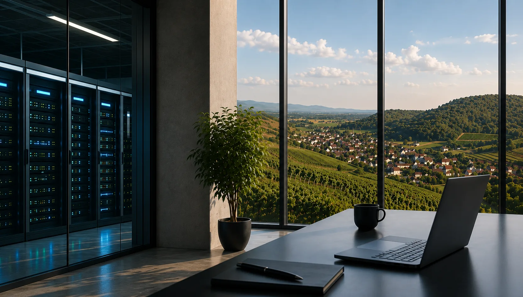Bureau avec vue sur la vallée et baie vitrée, salle serveurs en arrière-plan