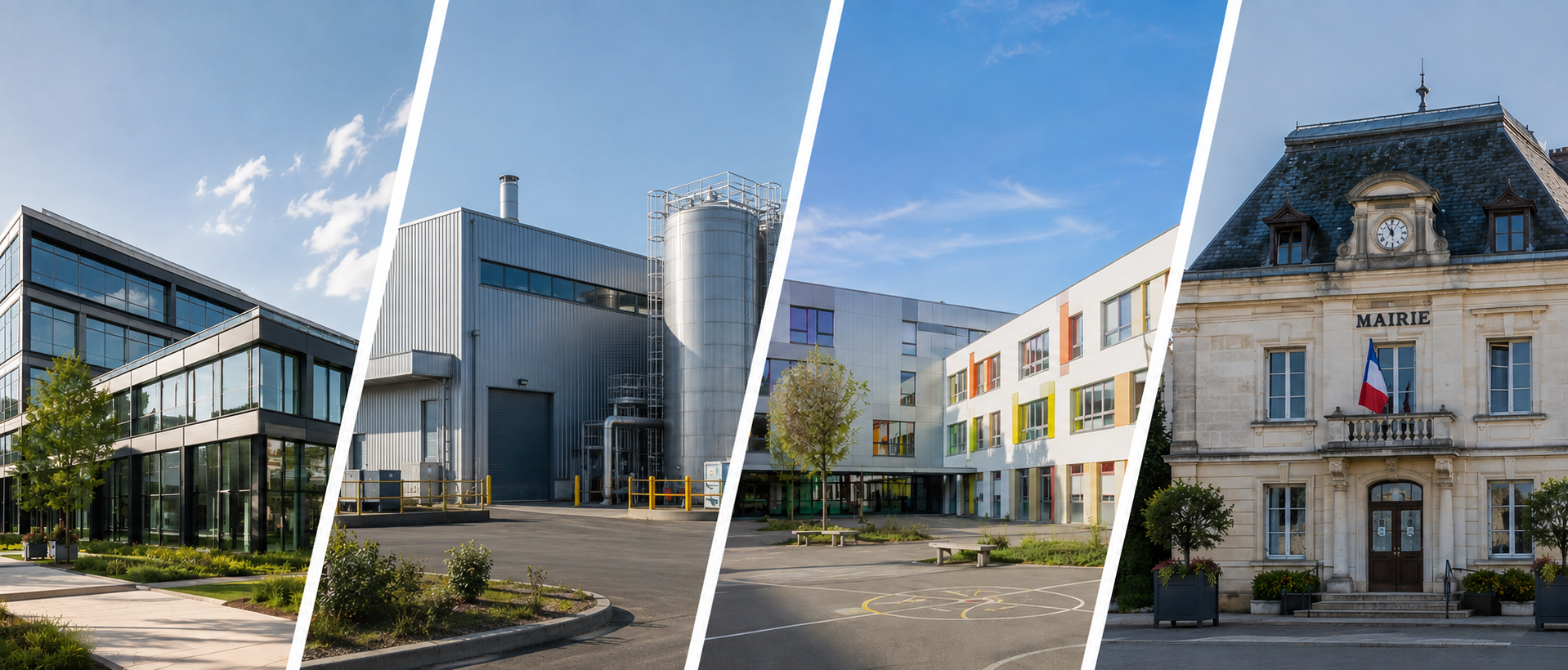 Immeuble de bureaux, usine, école et mairie, illustrant les secteurs privé et public accompagnés
